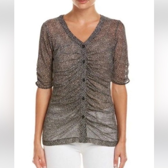 CAbi #241 Gathered Placket Sheer Blouse Womens medium ruched front animal print - Picture 1 of 9
